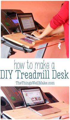 a person sitting at a desk with a laptop on it and the words how to make a diy treadmill desk