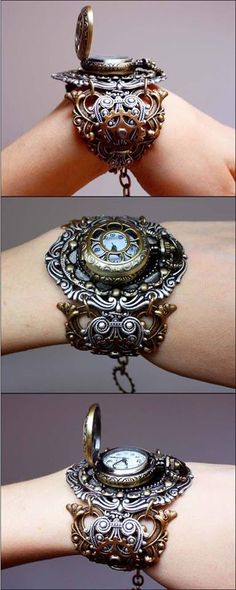 Steampunk timekeeping Also a novel accessories evocative of Victorian Gothic. Steampunk Watch, Bracelets And Rings, Style Steampunk, Victorian Steampunk