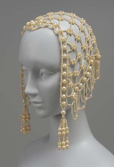 Entirely made of artificial pearls, strung in lozenge design with four pearls at intersections, scalloped fringe and tassels at two front corners. Period Accessories, Medieval Cosplay, Head Pieces, Dress Hat, Hair Ornaments, Museum Of Fine Arts, Fantasy Fashion, Historical Clothing, Historical Fashion