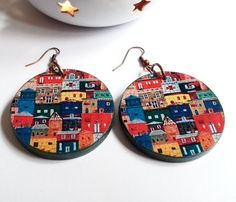 Colorful earrings Womens earrings Gipsy colors Hippie Earrings Wooden earrings Beauty gift Clothing Wooden Jewelry Handmade, Earrings Painting, Cloth Earrings, Unique Gifts For Girls, Colourful Earrings, Fantasy Earrings, Large Dangle Earrings, Womens Earrings, Boho Chic Earrings