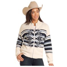 The Aztec Zip Front Sweater Jacket combines warmth with style. Made from a blend of 72% acrylic, 23% nylon, and 5% polyester, this sweater features a bold Aztec pattern and a zip-up front. Long sleeves provide extra warmth, making it a perfect layering piece for cooler weather. Color: Eggshell Southwest & Stripe Print all Over 72% Acrylic, 23% Nylon, 5% Polyester Navajo Sweaters, Zip Front Sweater, Printed Denim Jacket, Slim Sweater, Front Sweater, Aztec Pattern, Printed Denim, Cooler Weather, Layering Pieces