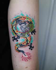 a colorful dragon tattoo on the arm