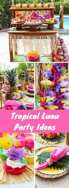 a tropical luau party with pink, yellow and purple flowers on the table is featured in this collage