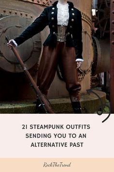 Person in a steampunk outfit holding a rifle. Text: "21 steampunk outfits sending you to an alternative past." Steampunk Archeologist, Steampunk Fashion Everyday, Steampunk Suit, Steampunk Cowboy, Steampunk Womens Fashion, Futuristic Elegance, Steampunk Mode, Enchanting Aesthetic, Men Steampunk