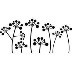 four black and white silhouettes of flowers on a white background, each with different stems