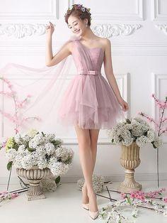 Princess One Shoulder Tulle Short/Mini Sashes / Ribbons Fashion Bridesmaid Dresses #Milly010020102533 Pink Prom Dresses Short, Cute Homecoming Dresses, Princess Prom Dresses, Pink Homecoming Dress, Dress One Shoulder, Dress Homecoming, Cute Prom Dresses, Dresses Homecoming, Short Prom Dress