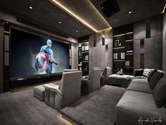 a home theater with captain america on the screen