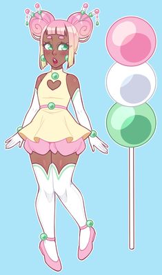 a cartoon girl is standing next to a lollipop and candy cane with her hands on her hips