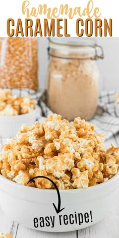 homemade caramel corn in a white bowl with text overlay