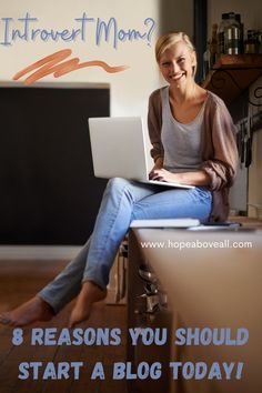 Smiling woman sitting typing on a computer.  Blog article title at bottom. Millennial Mom, Blog Topics