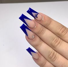 Square Acrylic Nails Blue And White, Royal Blue Quinceanera Nails Short, Navy Blue Nails With Initials, Rolay Blue Acrylic Nails, Blue Nail Ideas Coffin, Graduation Nails Ideas Blue, Graduation Nails Royal Blue, Royal Blue Acrylic Nails For Wedding, Royal Blue French Tip Acrylic Nails