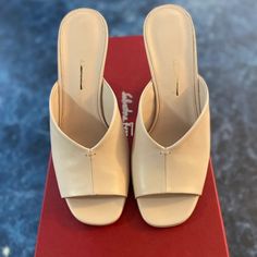 Salvatore Ferragamo Sansu Leather Mules Size 6.5 $795. Condition Is "Pre-Owned". Worn Once. Box Included. Shipped With Usps Priority Mail. Rich Leather Mules Are Set Atop An Architectural Curved Block Heel. Leather Upper Open Toe Slip-On Style Lining: Leather Leather Sole Made In Italy Size Self-Covered Block Heel, 3.25" (85mm) Please Note: Fits True To Size. Salvatore Ferragamo Shoes, Ferragamo Shoes, Leather Mules, Mule Clogs, Mules Shoes, Salvatore Ferragamo, Priority Mail, Block Heels, Open Toe