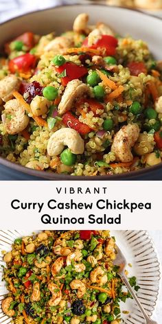 two pictures with different types of food in them and the words vibrant curry cashew chickpea quinoa salad