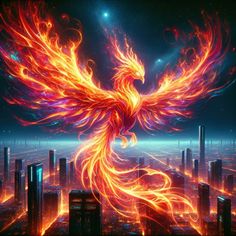 a fire bird flying over a city in the sky with bright orange and red flames