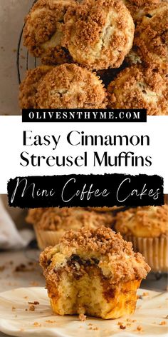 easy cinnamon streusel muffins with coffee cakes in the background and text overlay