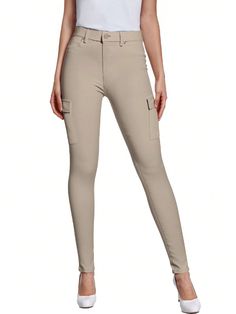 Caqui-p44880csk  Collar   Liso ajustado Embellished Versatile Tight Mid-rise Bottoms, Slim Fit Bottoms With Pockets, Fitted Solid Cargo Pants For Fall, Fitted Solid Color Cargo Pants For Fall, Trendy Stretch Straight Leg Cargo Pants, Fitted Mid-rise Elastane Leggings, Trendy Stretch Cargo Pants With Straight Leg, Fitted Workwear Cargo Pants, Stretch Elastane Trousers