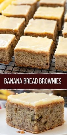 banana bread brownies on a cooling rack with bananas in the background and text overlay that reads, banana bread brownies