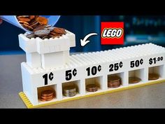 a lego money machine with coins in it and the instructions for how to use it