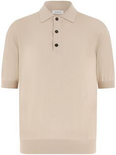 light grey silk-cotton blend fine knit three-quarter length sleeves polo collar front button placket embroidered logo at the chest ribbed cuffs and hem Designer Collared Tops With Button Cuffs, Designer Collared Tops With Concealed Placket, Designer Collared Top With Concealed Placket, Designer Tops With Button Cuffs And Collar, Elegant Polo Shirt With Button Closure For Workwear, Elegant Collared Polo Shirt With Button Closure, Beige Tops With Button Closure And Polo Collar, Designer Collared Tops With Button Closure, Classic Beige Polo Shirt