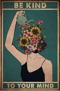 a woman with sunflowers on her head holding a watering can and teapot