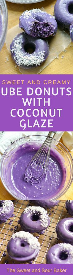 purple doughnuts with coconut glaze are on a cooling rack next to other donuts