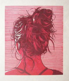 a drawing of a woman's head in red and pink lines on paper with the back of her hair pulled up