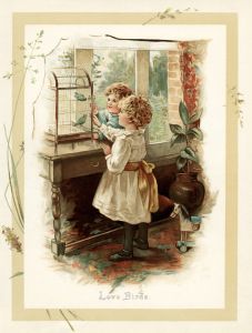 late 1800's vintage storybook illustration, love birds, Victorian children feed birds, boy girl bird image, sunbeams and me, vintage children printable Etiquette Vintage, Bird Free, Bird Illustration, Vintage Labels, Vintage Ephemera, Bird Watching