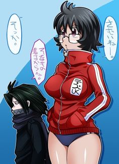 an anime character is standing next to another person with black hair and wearing a red jacket