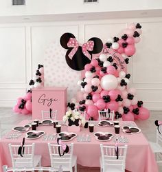 a minnie mouse themed birthday party with pink, black and white balloons