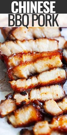 chinese bbq pork sliced up and served on a white plate with text overlay