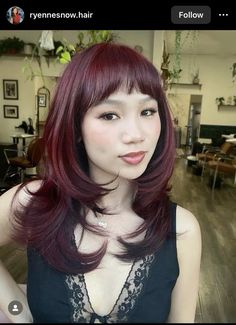 Wine Red Hair Indian Skin, Red Velvet Hair Color Dark, Burgundy Hair Bangs, Eyebrow Length Bangs, Layers And Bangs Medium, Dark Cherry Red Hair With Highlights, Burgundy Hair With Bangs, Dark Purple Red Hair, Red Hair With Dark Roots