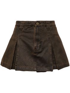 brown cotton washed denim logo patch to the rear pleat detailing belt loops concealed fly and button fastening high-waisted two rear welt pockets thigh-length