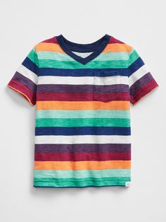 product photo Striped Cotton V-neck T-shirt, Cotton V-neck Tops With Contrast Stripes, Cotton V-neck Top With Contrast Stripes, Knit Short, Pocket Tshirt, Baby Bodysuit, Patch Pocket, Knit Jersey, Gap