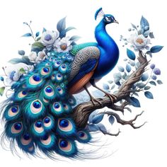 a peacock sitting on top of a tree branch with flowers and leaves around its neck