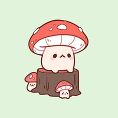 a mushroom sitting on top of a stump with eyes closed and mouth wide open, in front of a green background