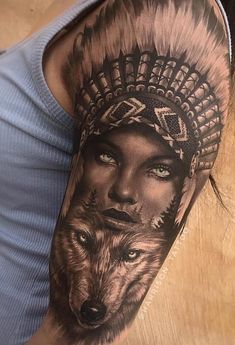 Indian Women Tattoo, Native American Wolf Tattoo, Indian Girl Tattoos, Wolf Tattoo Meaning, Wolf Tattoos For Women, Wolf Tattoo Ideas, Headdress Tattoo, 16 Tattoo, Chola Girl