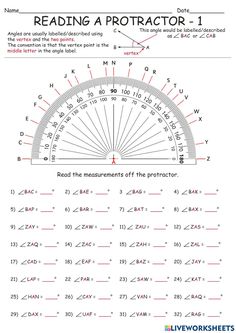 the reading protractor worksheet for students to learn how to use it