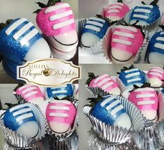 four pictures of patriotic strawberries in foil wrappers with pink, white and blue frosting