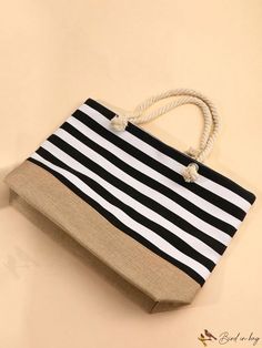 BirdinBag - Striped Beach Bag: Durable & Stylish for Graduates, Teens, and Students - Ideal for Travel & School Summer Striped Rectangular Bags, Striped Tote Bag For Vacation, Striped Summer Bags For Daily Use, Striped Rectangular Vacation Bag, Rectangular Striped Shoulder Bag For Beach, Striped Rectangular Shoulder Bag For The Beach, Canvas Rectangular Vacation Bag, Striped Travel Bags For Beach Season, Black Rectangular Canvas Bag For Vacation