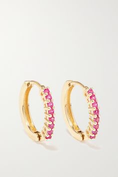 Simplicity and minimalism are at the core of Mateo's design ethos, so its timeless pieces make great everyday signatures. Shaped to comfortably hug your lobe, these earrings are cast from 14-karat gold and set with 0.28-carats of twinkling pink sapphires. Stack them alongside similar styles from the label. Gold And Pink Earrings, Hoco Jewelry, Sapphire Hoop Earrings, Pink Gold Rings, Turquoise Hoop Earrings, Luxe Jewelry, Gold Pearl Earrings, Gold Ring Stack, Pearl Hoop Earrings