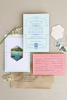 the wedding stationery is laid out and ready to be used as an event card