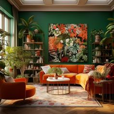 a living room filled with furniture and lots of plants