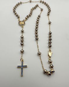 Gold Plated Rosary with blue diamonds stones with virgen and cross Blue Diamonds, Rosary Necklace, Green Collection, St Jude, Cross Jewelry, Stone Gold, Eye Protection, Blue Diamond, Diamond Stone