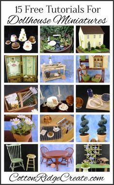 dollhouse miniature houses and furniture are featured in this collage with the words, 15 free