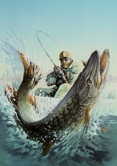 a man is fishing on the water with a large fish