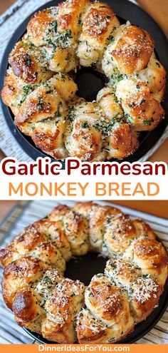 garlic parmesan monkey bread on a black plate with text overlay that reads garlic parmesan monkey bread