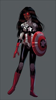 a woman dressed as captain america standing in front of a gray background with red glasses