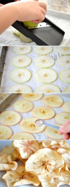 the process of making apple slices is shown here