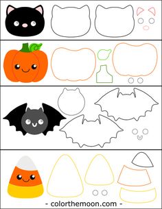 halloween themed cut outs for kids to make their own pumpkins, bats and witches