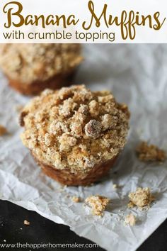 banana muffins with crumble topping on top are featured in the harper homemaker